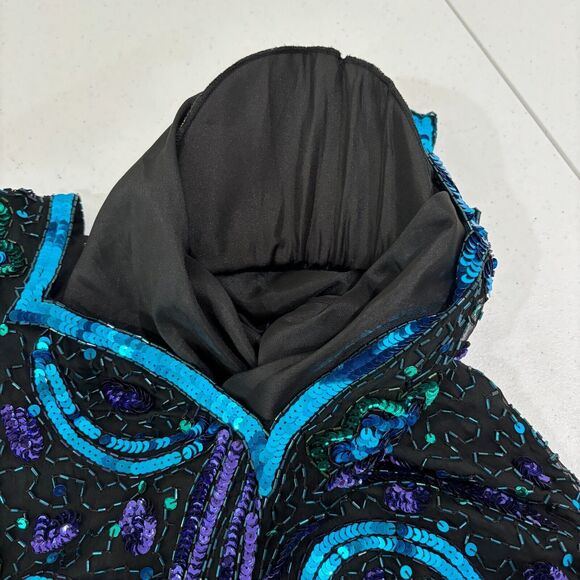 VTG Lawrence Kazar Sequin Top 3X Silk Blue Green Peacock Beads 80s Disco Evening - Picture 16 of 16